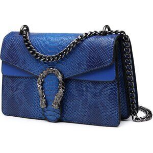 Snake Print Leather Blue Crossbody Bag for Women Chain Strap and Clutch Style